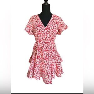 Pink Lily Red & White Floral Ruffled Mini Dress, Size S